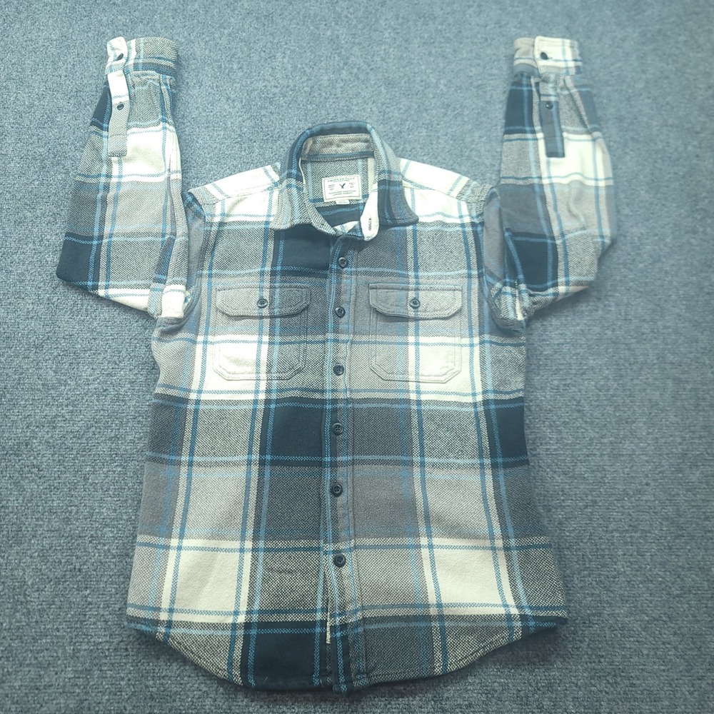 American Eagle Mens Blue Grey Plaid Flannel Button Down Shirt Small 5805748132